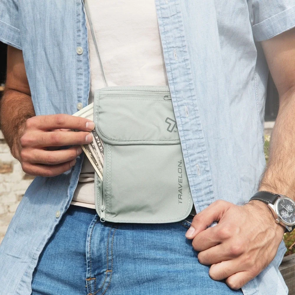 Travelon RFID Blocking Neck Wallet Grey Nylon Anti-Theft Travel Pouch Passport - Picture 3 of 9